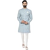 KISAH Men's Printed Sherwani Kurta & Pajama Set - Regular Fit, Mandarin Collar| Ethnic Wear Mens Wear, Blue, 42