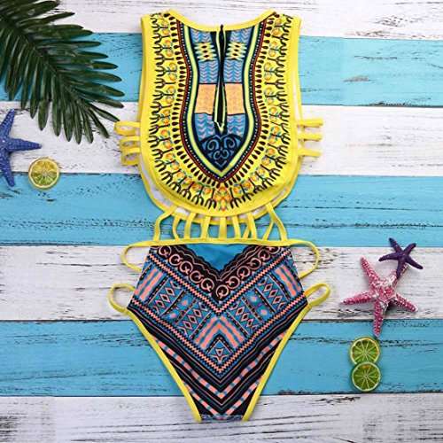 Elogoog Sexy Women One Piece Swimsuit Push up Padded Vintage Floral Bikini Bathing Suits (Yellow, L)
