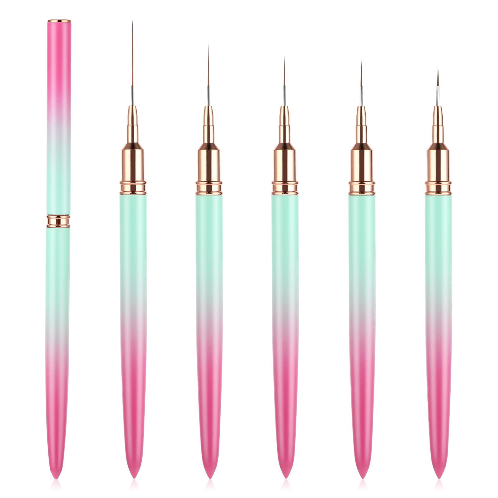 WLLHYF 5-Piece Nail Art Liner Brush Set - Long Line Detail Fine Drawing Tool, 7mm/9mm/11mm/15mm/25mm (Pink Greenish)
