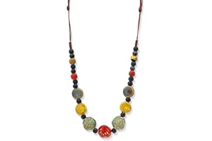 MINACHI Boho Hippie Round Ceramic Beads Strand Necklace, Vintage Bohemian Summer Beach Jewelry Gift for Women