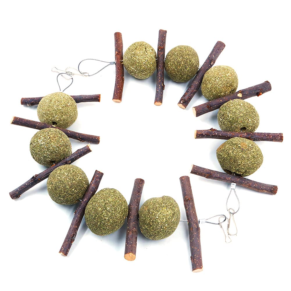 Namvo 2Pcs Bunny Chew Toy Natural Grass Ball, Small Pets Accessories,Rabbit Bunny Teeth Cleaning Dental Health Apple Sticks Grass Hay Ball Chew Toy