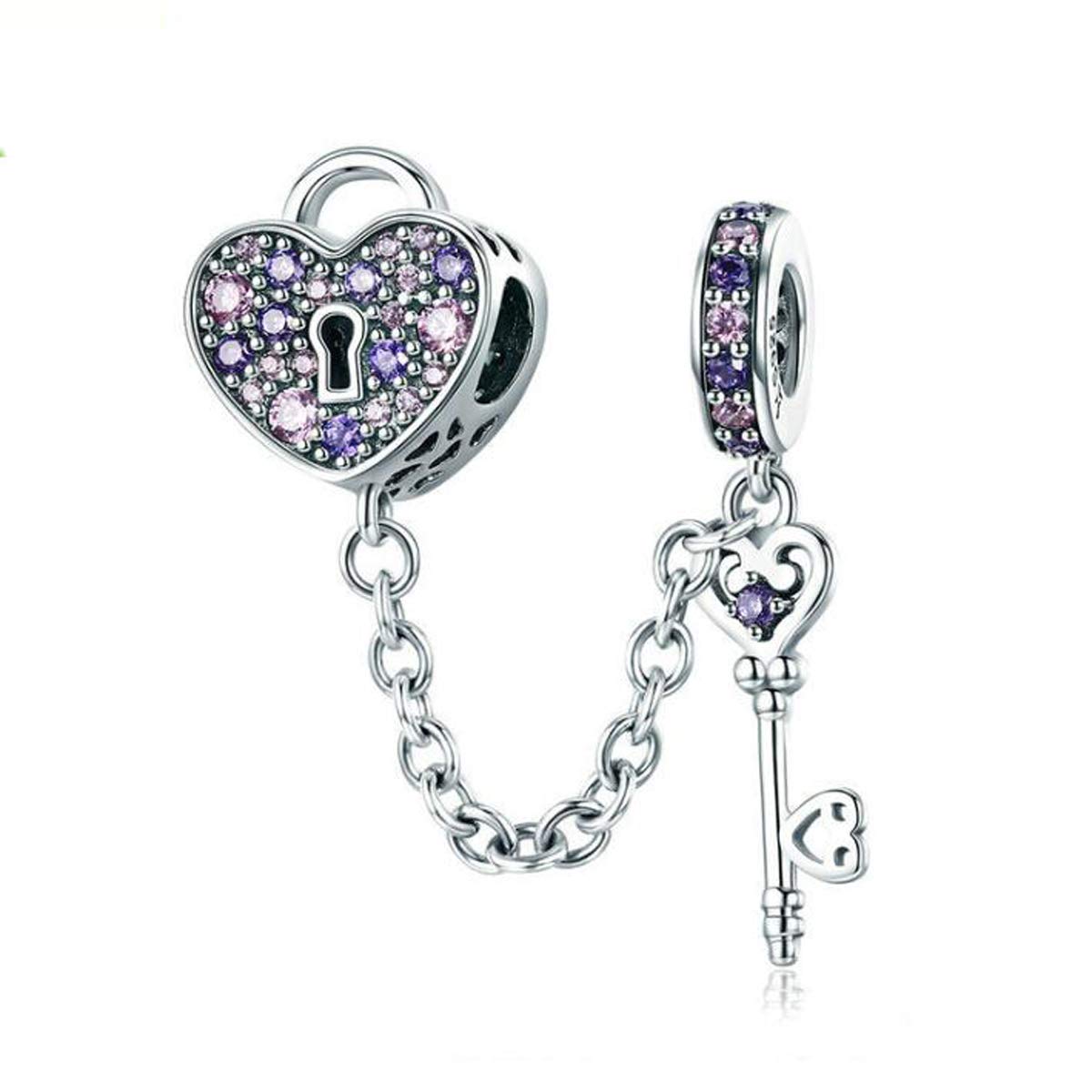 ZiNuo Charm Beads Love Heart Safety Chain 925 Sterling Silver Clip Lock Stopper Beads Safety Chain for Pandora Charm Bracelet DIY Jewelry (Heart Lock and Key Safety Chain)