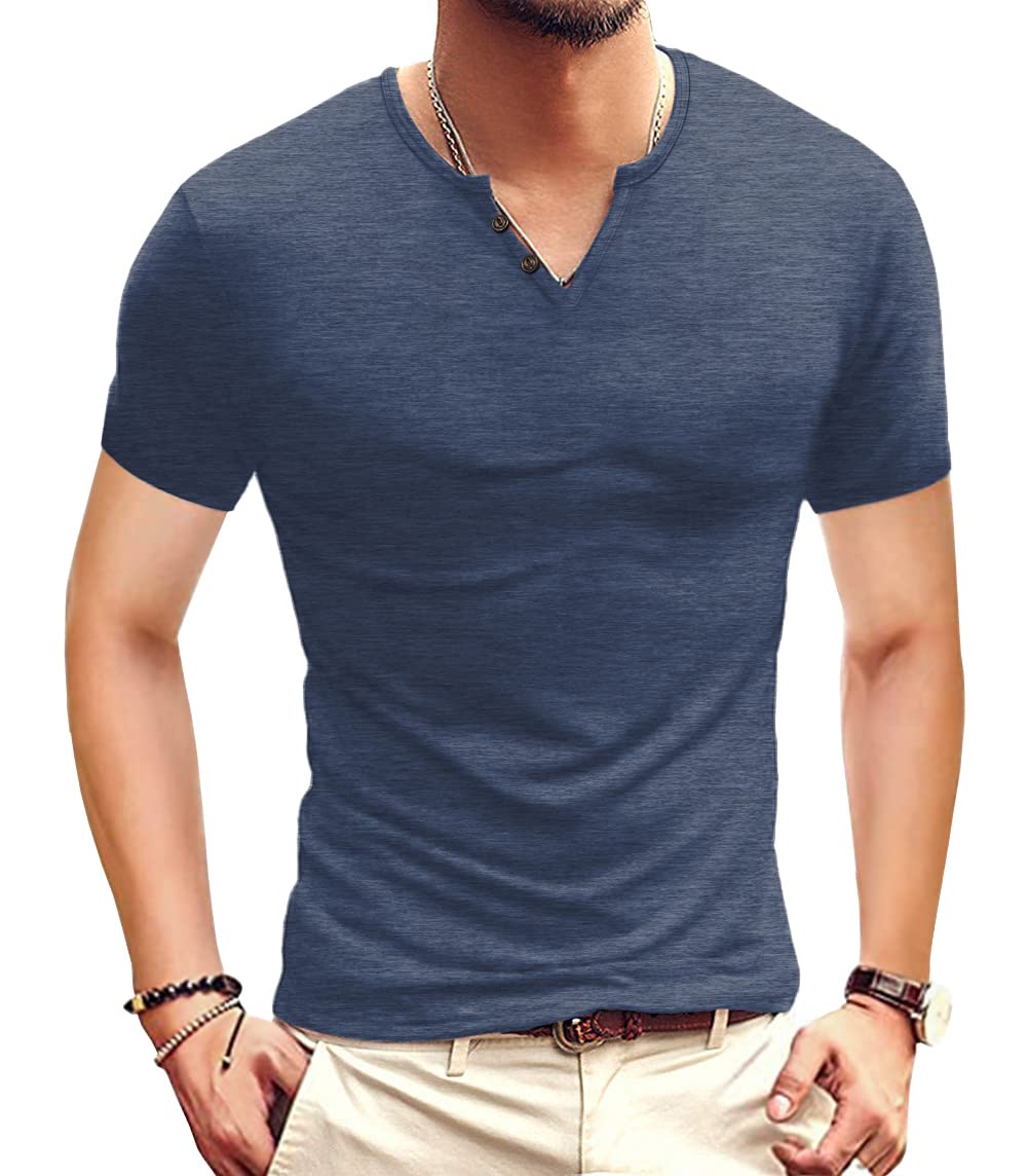 Photo 1 of NUOKESASI Men's Casual Slim Fit Basic Henley Short Sleeve Fashion T-Shirt VG Navy Blue-Small