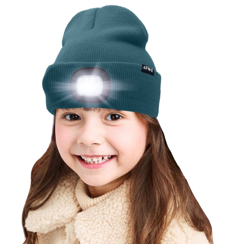 ATNKE Kids LED Lighted Beanie Cap, USB Rechargeable 4 LED Headlamp Waterproof Winter Warmer Knit Night Hats with Light for Boys Girls/Olive Green