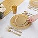 IOOOOO 150 Pieces Gold Plastic Plates, Silverware and Gold Disposable Cups, Lace Design Plates Includes 25 Dinner Plates 10.25