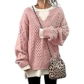 TIAFORD Womens Chunky V Neck Long Sleeve Cable Knit Sweater Casual Loose Fall Winter Sweaters for Women 2024