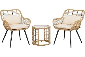 JOIVI 3 Piece Patio Bistro Set, Wicker Outdoor Patio Set with Enhanced Comfort Seating, Round Glass Top Coffee Side Table, Patio Rattan Conversation Set for Balcony, Lawn, Garden, Backyard, White