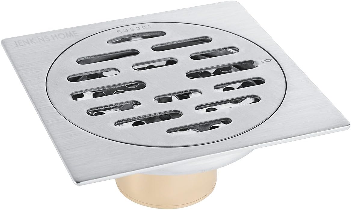 JENKINS Square Shower Floor Drain with Tile Insert Grate, Anti-clogging Drainer with Removable Strainer Cover for Bathroom, Kitchen, Garage, Basement – Stainless Steel, 4-Inch