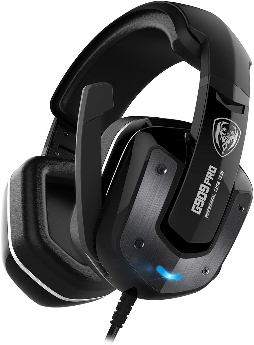 SOMIC G909PRO 7.1 Virtual Surround Sound USB Gaming Headset Over Ear Bass Headphone for PS4,PC with Mic,Volume Control,LED(Black)