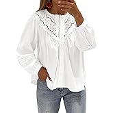 Tankaneo Womens Lace Button Down Shirts Puff Long Sleeve Babydoll Blouses Dressy Casual Crew Neck Pleated Loose Fit Tops