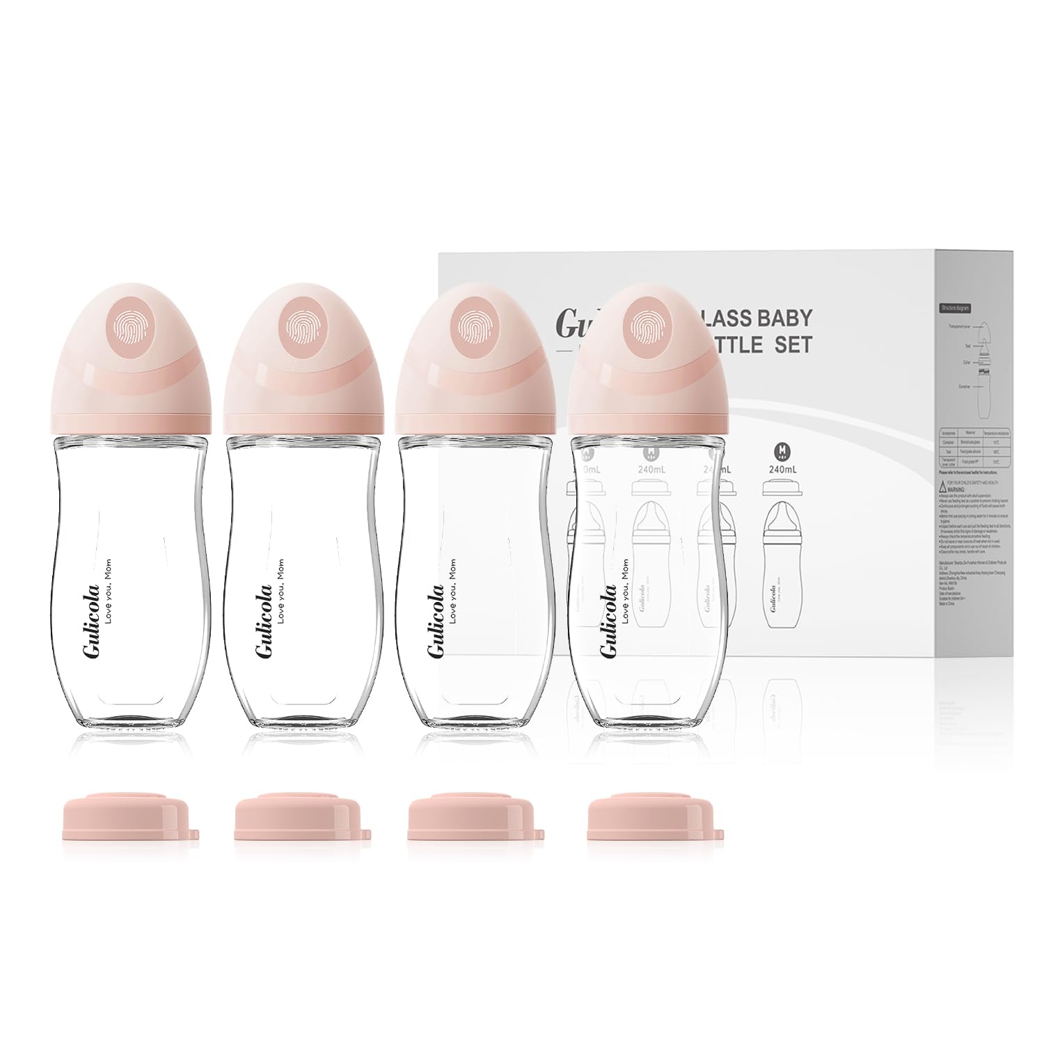 Photo 1 of Gulicola Natural Glass Baby Bottle 8 oz for Breastfed Babies, Anti-Colic Baby Bottle Set with Medium Flow Nipple, 3 Months +, 4 Pack - Pink