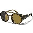 MUDIWRLO Polarized Round Steampunk Sunglasses with Leather Side Double Bridge Shield Retro Eyewear for Men Women