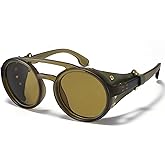 MUDIWRLO Polarized Round Steampunk Sunglasses with Leather Side Double Bridge Shield Retro Eyewear for Men Women