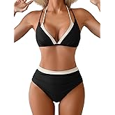 Aidonger Bikini Sets for Women Halter Color Block Two Piece Swimsuit Tummy Control Bathing Suit V Neck Tie Back Swimwear