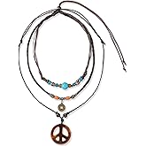 LLMSIX Peace Sign Necklace, Adjustable Layered Peace Pendant Necklace, Vintage Rope Boho Necklaces for Women and Men 1960s 1970s Party Accessories Gifts