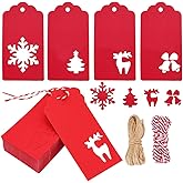 120PCS Red Kraft Paper Snowflake Reindeer Gift Tags - Hanging Labels with 32.8 Feet Jute Twine String for Christmas Holiday Present Wrap, DIY Arts and Crafts, Wedding