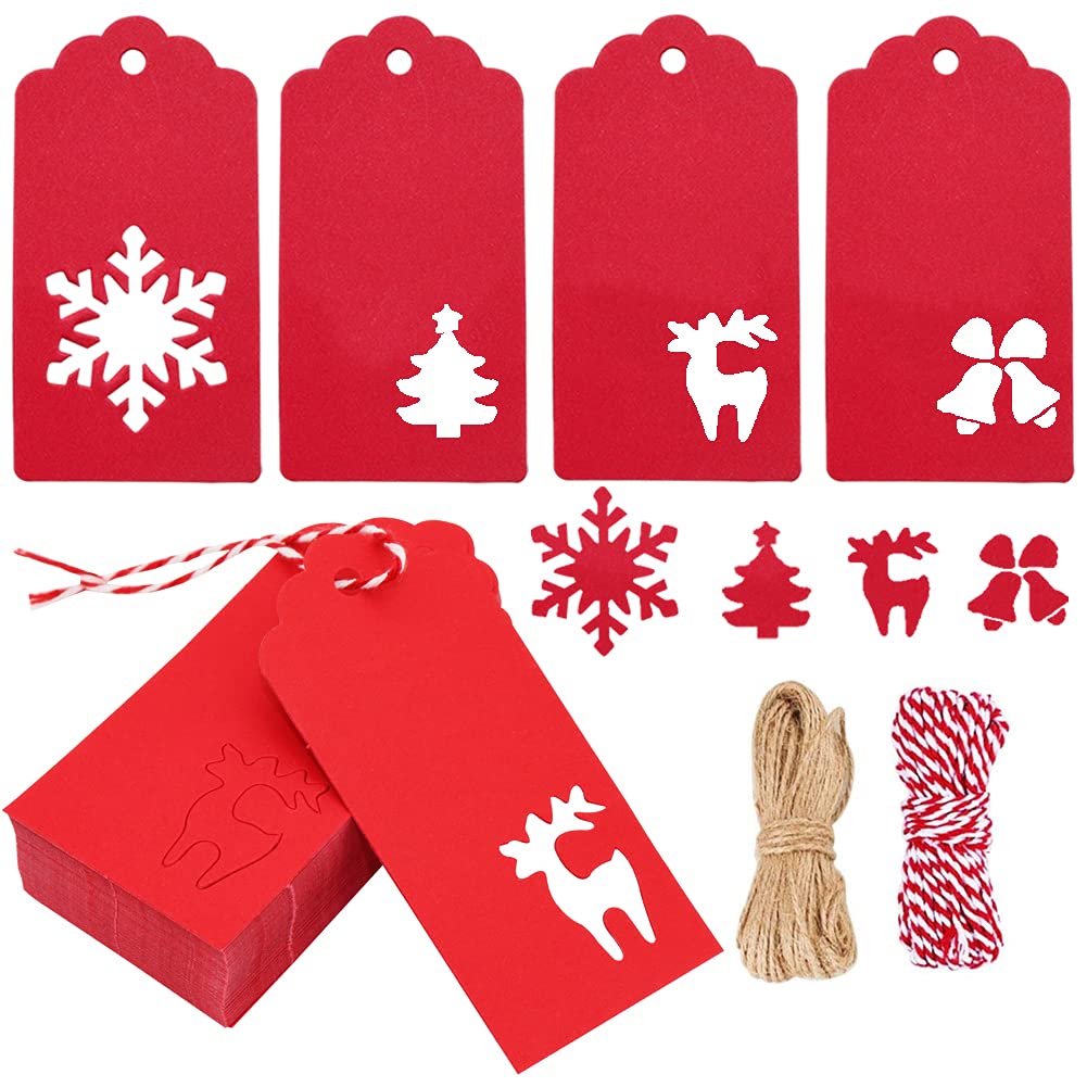 Photo 1 of 120PCS Red Kraft Paper Snowflake Reindeer Gift Tags - Hanging Labels with 32.8 Feet Jute Twine String for Christmas Holiday Present Wrap, DIY Arts and Crafts, Wedding