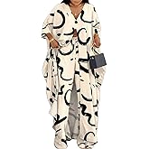 LROSEY Spring African 2 Piece Outfits Caftans for Women Floral V Neck Long Cardigan Cover Up Wide Leg Pants Sets Plus Size