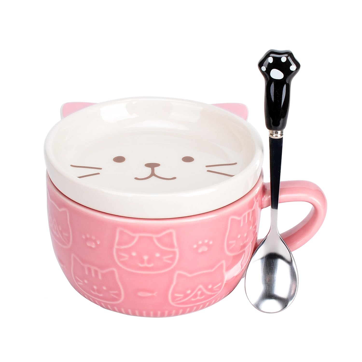 XinHuiGY Cute Cat Coffee Mug with Lid,Animal Tea Cup Saucer Set,Kawaii Ceramic Mugs with Biscuit Holder and Spoon,Gifts for Women Her Mothers Day Easter Christmas Girl Boy Teacher Friend (Pink Cat)