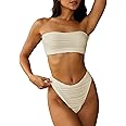 ZAFUL Women Strapless Textured Bandeau Bikini 2 Piece Swimwear Cheeky Solid Lace up Bathing Suits
