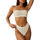 ZAFUL Women Strapless Textured Bandeau Bikini 2 Piece Swimwear Cheeky Solid Lace up Bathing Suits