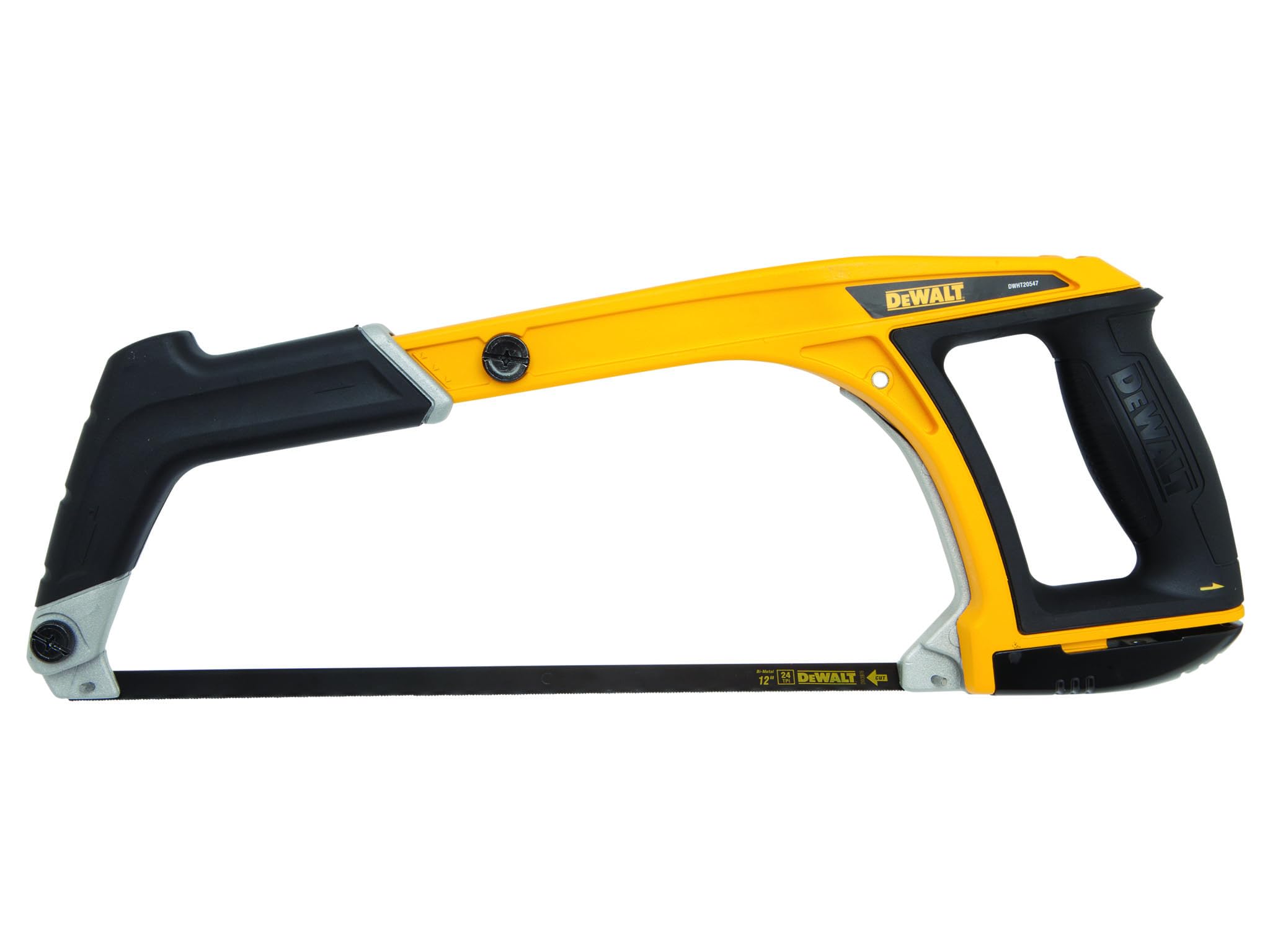 DeWALT 5-in-1 Hacksaw 300mm 12in High tension securely holds the blade up to 150kg blade can be set to 45 or 90 degrees for standard or flush cuts hacksaw front handle can become a pistol grip jab saw