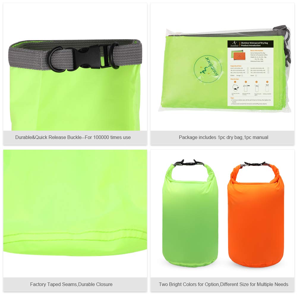 iOutdoor Products Borsa Impermeabile 2L/5L/10L/15L/20L/30L, Sacco a Compressione Dry Roll Top, Perfetto per Kayak/Canottaggio/Spiaggia/Pesca/Rafting/Nuoto/Camping/Snowboard (Green, 2L)
