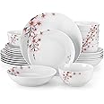 VEWEET 24 Pieces Dinnerware Sets for 6, Porcelain Plates and Bowls Set with Pink Floral, Classic Dishes Set Dining Ware for Dinner, Microwave and Dishwasher Safe, Series ANNIE