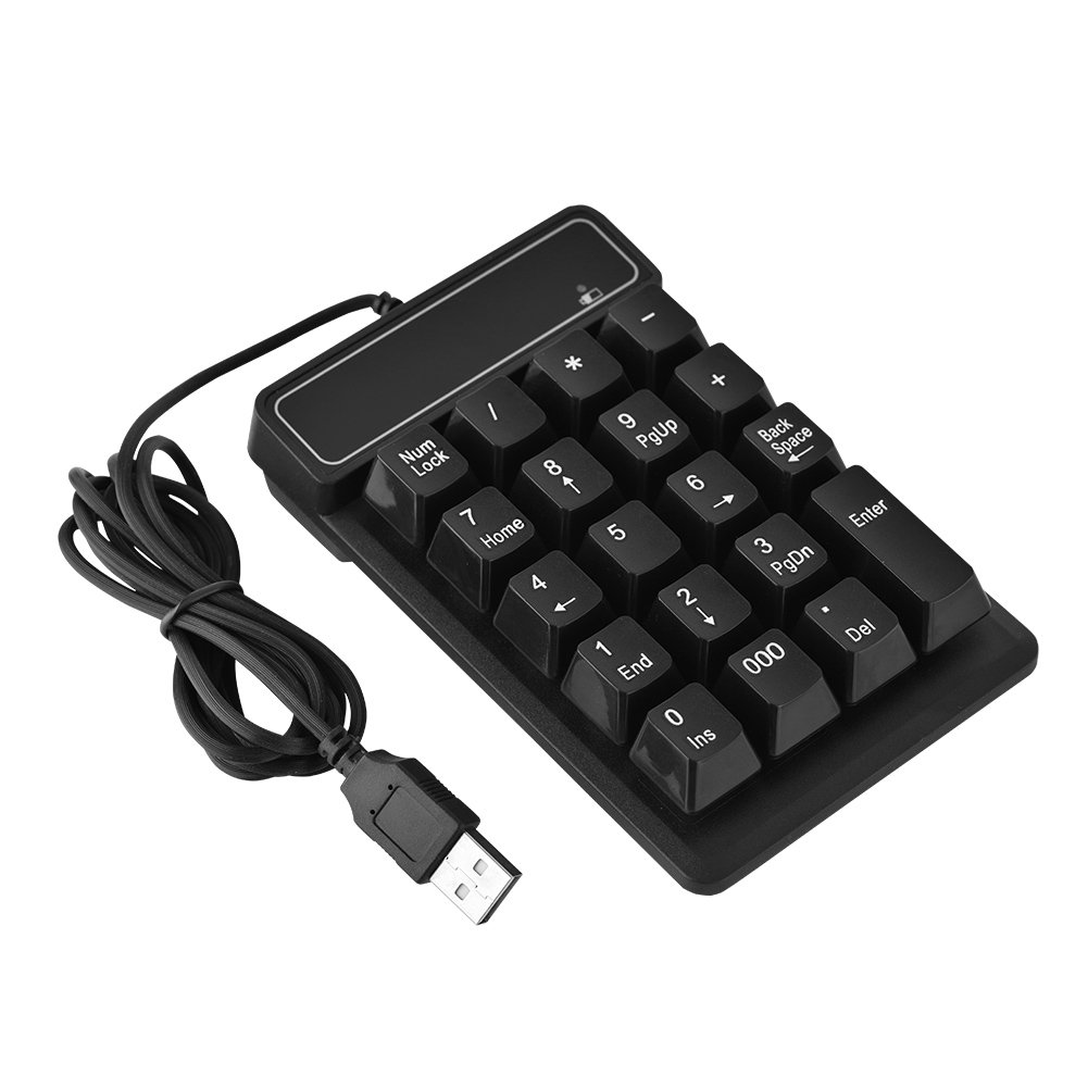 Richer-R Numeric Keypad 1.5M / 5FT USB Wired Full Size 19 Keys Number Pad Speicial 000 key added for Windows Laptop Desktop PC (Black)