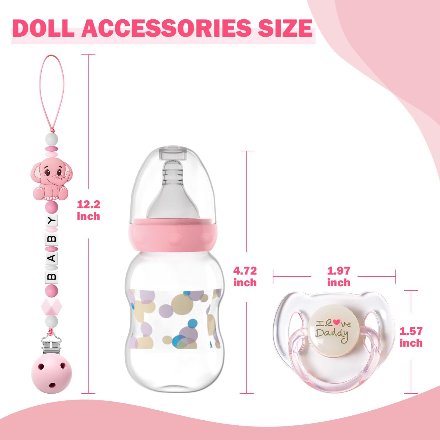 SCOM Reborn Baby Dolls Accessories Set - Rainbow Transparent Magnetic Pacifiers & Removable Reusable Baby Doll Bottles with Silicone Pacifier Clips for Reborn Dolls Girls, Pink Style, 3 Pcs