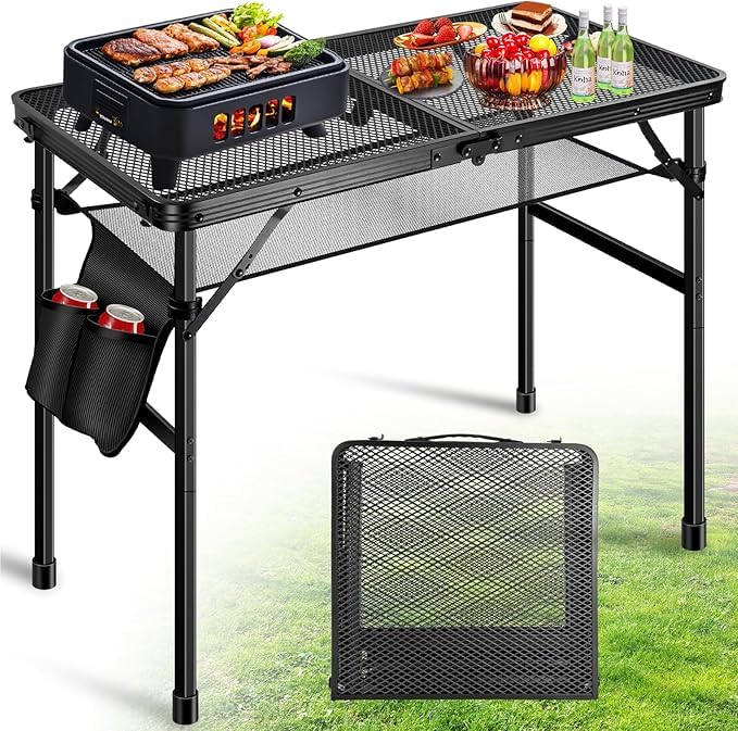 DeeprBling Folding Camping Table, Metal Folding Table Height Adjustable, Portable Folding BBQ Table with Mesh Net and Storage Packet, 23.6”x 15.7” Lightweight Foldable Picnic Table with Carry Handle