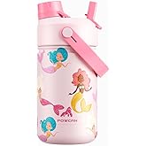 12 oz Kids Insulated Water Bottle for School: 2-in-1 Straw Spout Lid, Leakproof, Keep Cold 24H, Reusable Stainless Steel Water Bottle with Straw, Birthday Gift for Girls Daughters (Mermaid Friends)