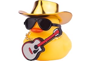 CoFuBcad Car Yellow Rubber Duck, Duck Dashboard Decoration with Cowboy Hat Necklace Sunglasses Mini Musical Instrument for Car Dashboard Decorations (ROSEO-Hat)
