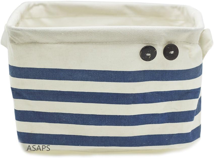 Storage Basket Storage Bin Storage Cube with Handles Small Canvas Fabric Cotton Linen Collapsible (8.25 x 7.87 x 5.91inch, Navy Blue Striped) (ASAPS)
