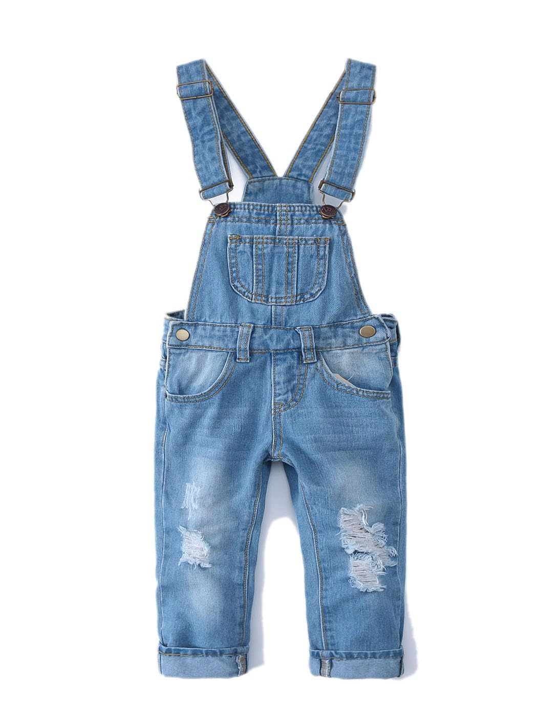 KIDSCOOL SPACE Little Girl Boy Jean Overalls, Toddler Ripped Denim Overall Pants, 4-5 Years