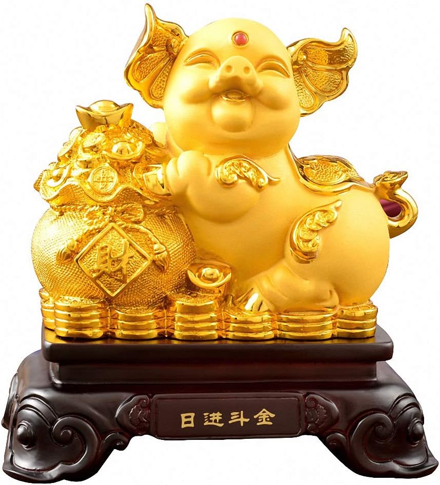 Wenmily 2019 Chinese Zodiac Pig Year Large Size Golden Resin Pig with Treasure Basin Collectible Figurines Table Decor Statue