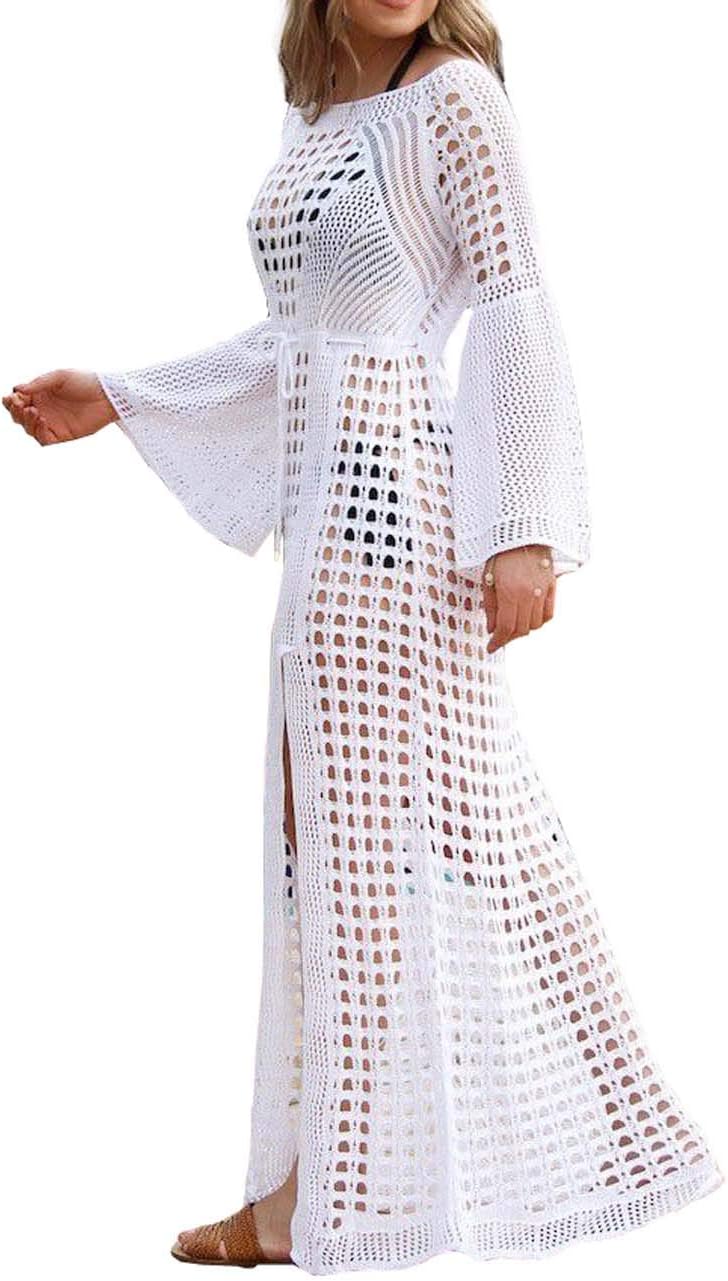 FINCATI Crochet Long Kimonos for Women Hollow Out Sexy Bikini Sexy Dresses Long Flare Sleeve for Summer White (9991)