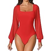 Avidlove Women Puff Long Sleeve Bodysuit Mesh Square Neck Thong Sexy Body Suits Double Lined Leotards
