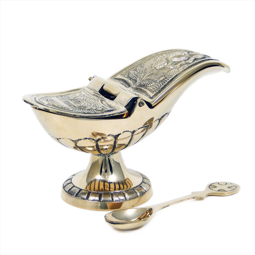 NKlaus incense boat with hinged lid and spoon solid brass polished 2942