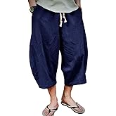 EKLENTSON Mens Cotton Linen Capri Pants Light Loose 3/4 Long Shorts Elastic Waist Drawstring Harem Casual Beach Yoga Trousers