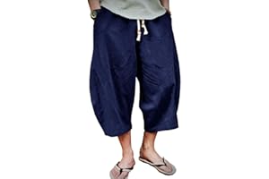 EKLENTSON Mens Cotton Linen Capri Pants Light Loose 3/4 Long Shorts Elastic Waist Drawstring Harem Casual Beach Yoga Trousers