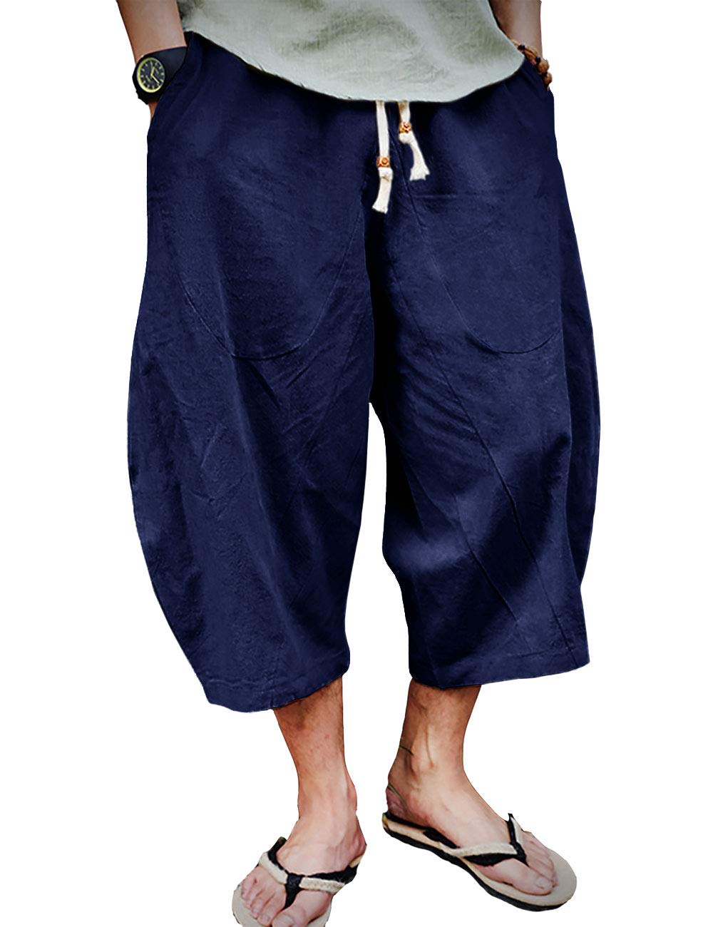 EKLENTSONMens Cotton Linen Capri Pants Light Loose 3/4 Long Shorts Elastic Waist Drawstring Harem Casual Beach Yoga Trousers