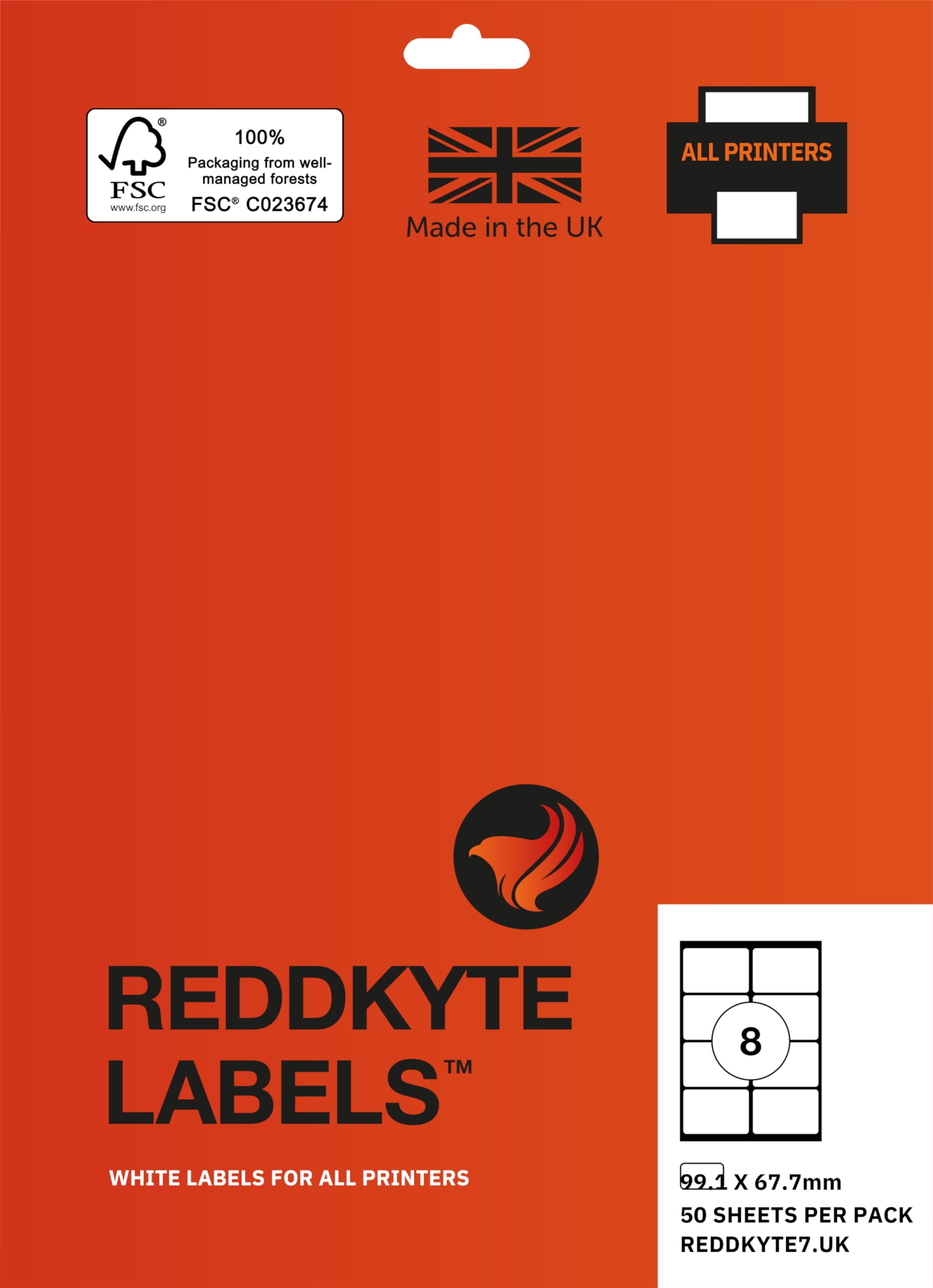 Reddkyte Multipurpose White Labels - Pack of 50 Sheets, 99.01 X 67.7 mm, 8 Labels per Sheet for Inkjet and Laser, FSC Certified, Made in the UK