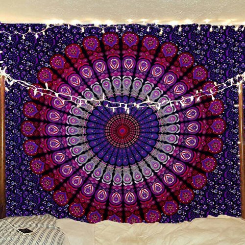 Popular Handicrafts Tapestry Wall Hanging Hippie Bohemian Hippy Psychedelic Indian Peacock Meditation Gypsy Design Indian Tapestries Bedspread 54 x 60 Inches (140cm x 150cm) Purple