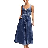 ebossy Stretchy Smocked Denim Dress for Women Sleeveless Babydoll Button Down Midi Long Jean Dresses