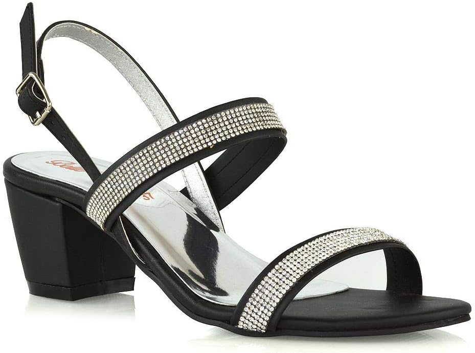 Womens Low Heel Sandals Rhinestone Buckle Straps Ladies Evening Party Shoes Size