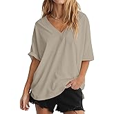 Ovanviso Womens Cotton Ribbed Trim V Neck T Shirts Oversized Short Sleeve Tees Trendy Loose Fit Tops Summer Clothes 2026