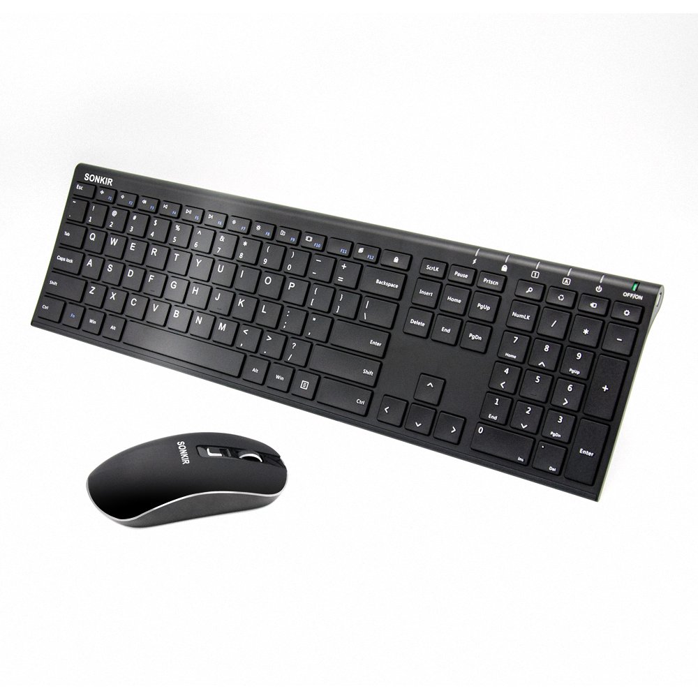 Keyboard and Mouse, Sonkir K-18 2.4G Ultra Thin Rechargeable Aluminum Full Size Wireless Keyboard Mouse Combo for Windows, Laptop, PC, Notebook (Black)