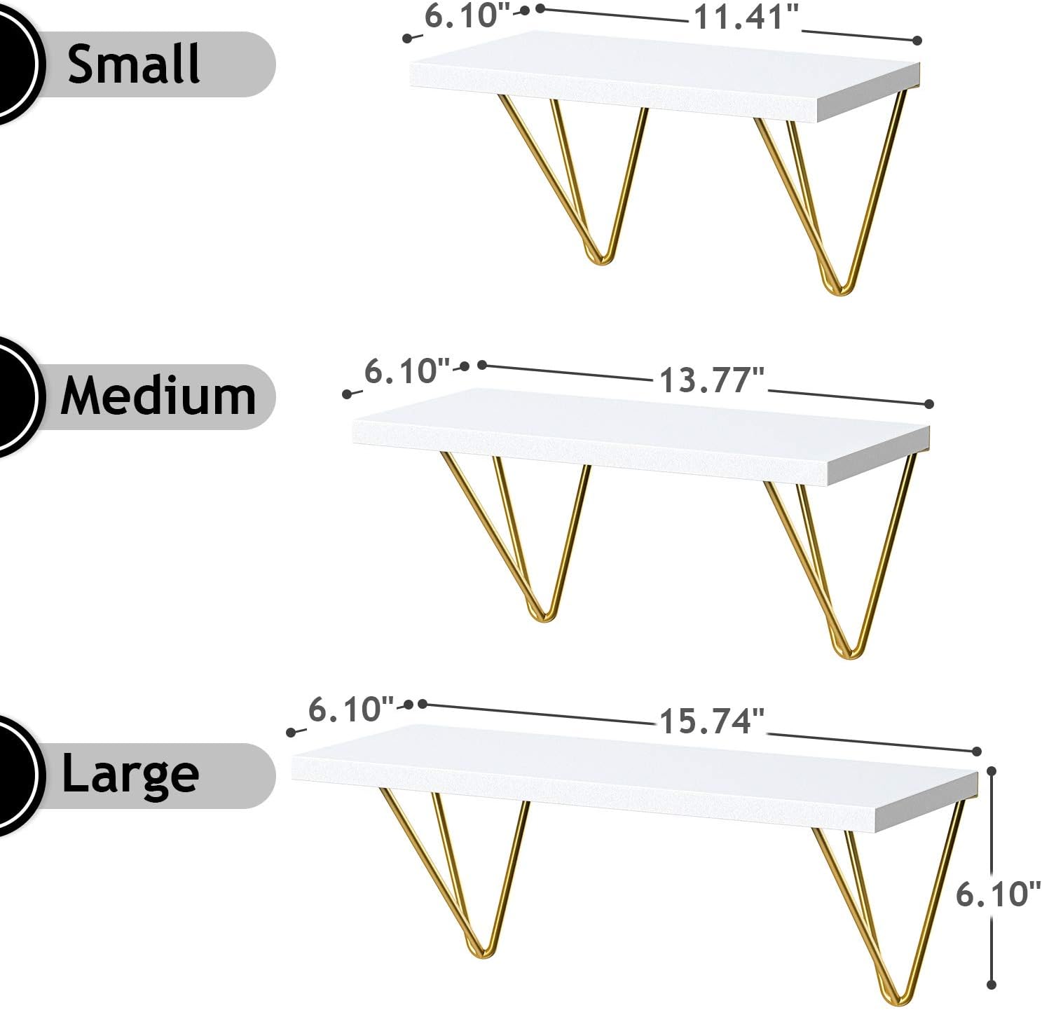 White Floating Shelves - Elegant Vanity Triangle Golden Metal Brackets Hanging Wall Shelves Set of 3 - Wall Mounted Shelf for Living Room, Bedroom, Kitchen by AMADA HOMEFURNISHING: Kitchen & Dining