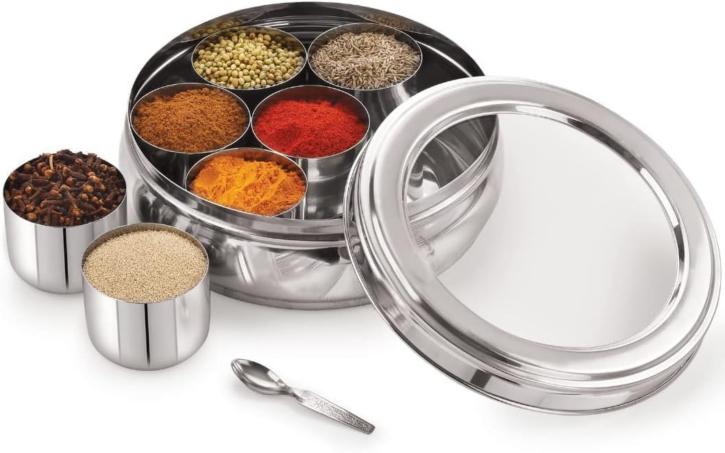 See Through Stainless Steel High Grade Spice Container 7 Containers and Small Spoon See Through Masala Box Indian Masala Dabba | Stainless Steel Spice Box Indian with Transparent Lid (Plain, Medium)